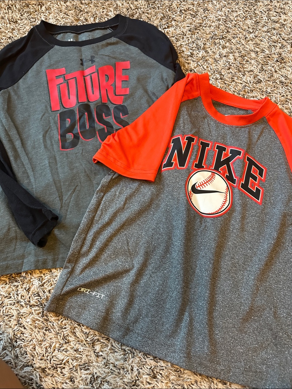 Size 7, like new Nike Gray & Red Baseball Graphic Tee and under armor shirt